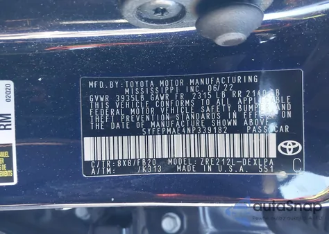 2022 Toyota Corolla Le из США, поврежденный, VIN 5YFEPMAE4NP339182